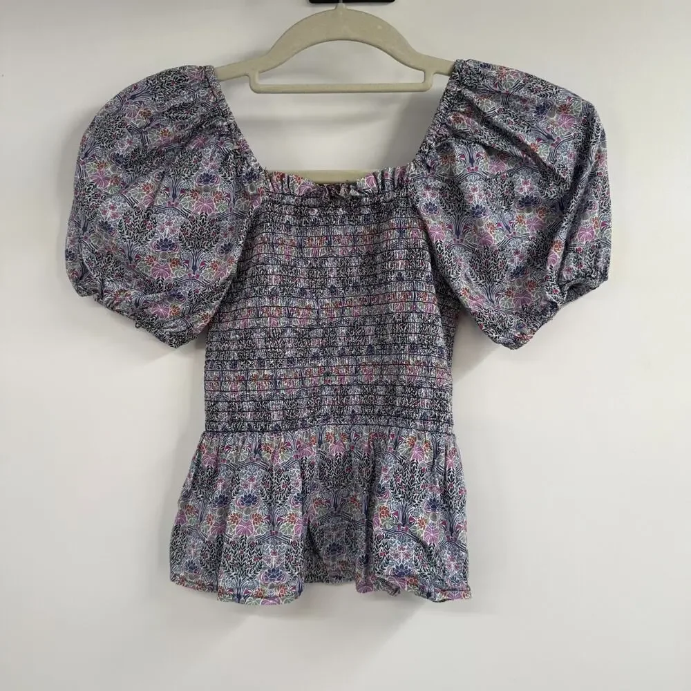 J.Crew Liberty London Fabric Smocked Peplum Top Sz XS Floral Puff Sleeve Cotton